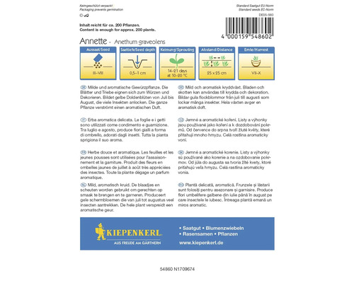 Ambalaj semințe Anethum graveolens Annette de la Kiepenkerl cu informații despre semănat, germinare și recoltare