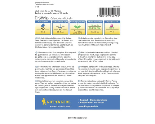 Gălbenele anuale Calendula officinalis cu instrucțiuni despre semănat, adâncimea de semănat, germinare, distanță și perioada de înflorire
