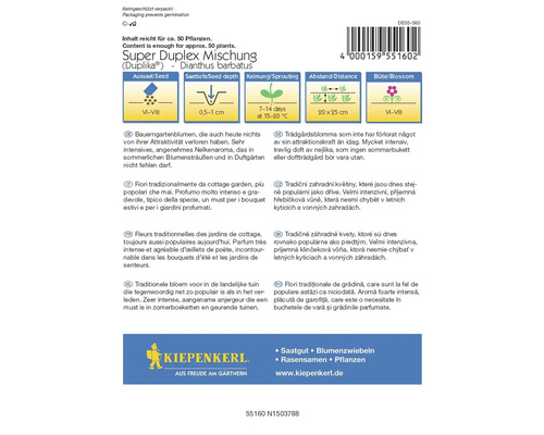 Ambalajul Super Duplex Mischung (Duplika) - Dianthus barbatus cu informații despre semănare, adâncimea de semănare, germinare, distanță și perioada de înflorire
