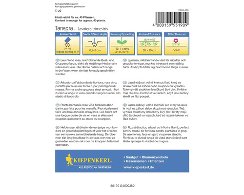 Pachet de semințe de flori Tanagra Lavatera trimestris cu informații despre perioada de semănare, adâncimea de semănare, germinare, distanță și perioada de înflorire