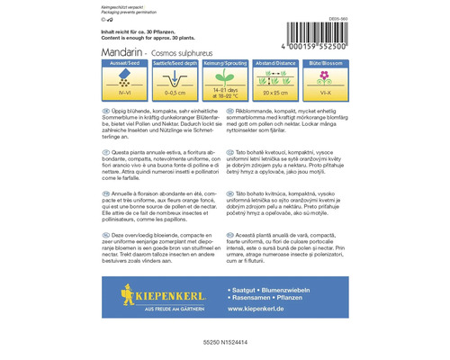 Pachet de semințe Mandarin Cosmos Sulphureus cu informații despre semănare, adâncimea de plantare, germinare, distanță și perioada de înflorire
