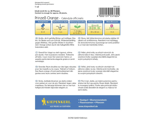 Pachet de semințe Gălbenele Prinzeß Orange cu informații despre semănat, adâncimea de semănat, germinare, distanță și perioada de înflorire