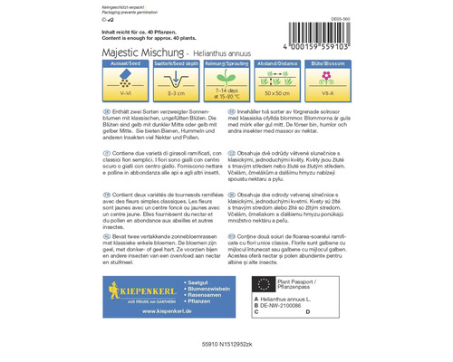 Pachet de semințe Majestic Mischung Helianthus annuus cu informații despre semănat, perioada de înflorire și pașaportul plantei