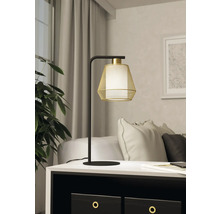 Lampă decorativă de masă cu bază metalică și abajur pe o noptieră.