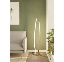 Lampă de podea modernă în sufragerie lângă o canapea și o plantă de interior
