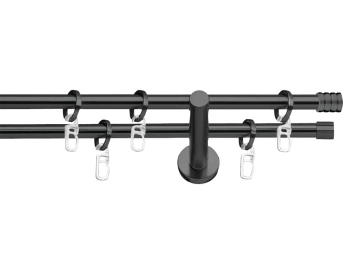 Galerie metalică dublă, prindere de perete, Ø 19 mm negru 160 cm Bară dublă pentru perdele cu inele și suport