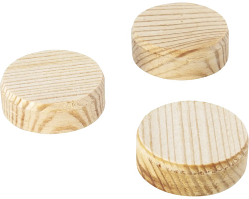 Cepuri din lemn Wolfcraft Ø30 mm, pachet 10 bucăți Trei dibluri rotunde din lemn de culoare deschisă