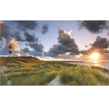 Peisaj cu far în iarba dunelor sub cer înnorat