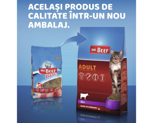 Hrană uscată pentru pisici MR. BEEF Adult cu vită 4 kg Comparație între ambalajul vechi și cel nou al hranei pentru pisici Mr. Beef