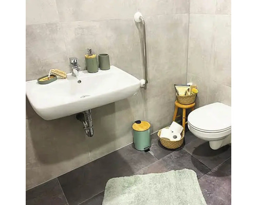 Baie cu lavoar, bară de sprijin, toaletă și accesorii de baie