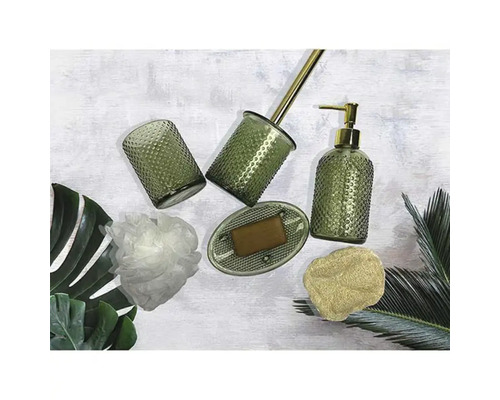 Set de baie cu dozator de săpun, săpunieră, suport pentru periuțe de dinți și perie de toaletă