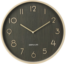 Ceas de perete rotund cu textură de lemn și afișaj orar