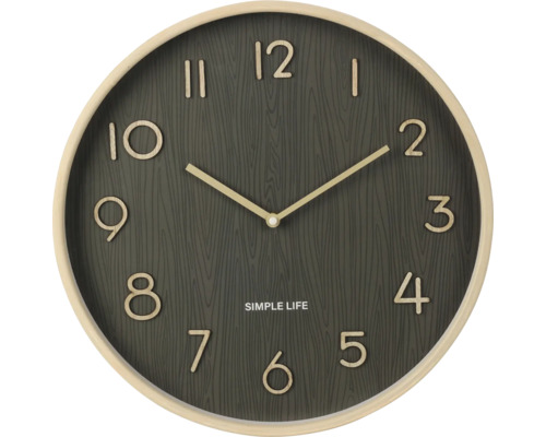 Ceas de perete rotund cu textură de lemn și afișaj orar