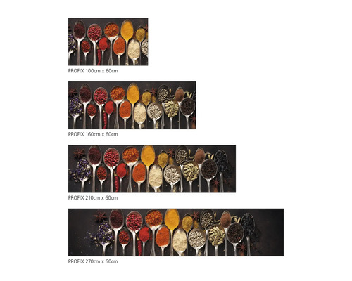 Imagine de produs cu diferite dimensiuni ale unui motiv pentru protecția peretelui din bucătărie, care înfățișează condimente în linguri.