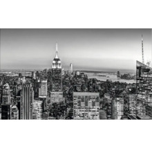 Fotografie alb-negru a orizontului orașului New York cu Empire State Building