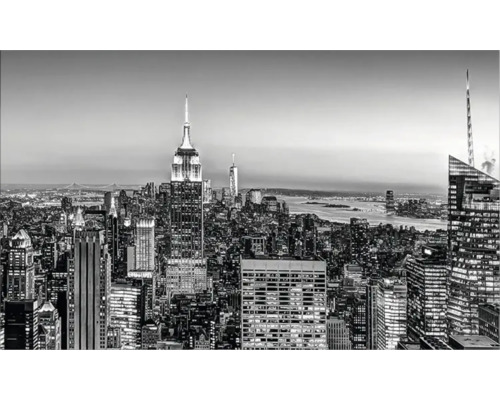 Fotografie alb-negru a orizontului orașului New York cu Empire State Building