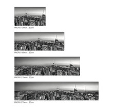 Patru dimensiuni diferite ale imaginii de perete Profix cu o imagine a orașului New York în tonuri de gri, dimensiuni variind de la 100 cm până la 270 cm lățime.