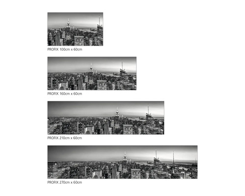 Patru dimensiuni diferite ale imaginii de perete Profix cu o imagine a orașului New York în tonuri de gri, dimensiuni variind de la 100 cm până la 270 cm lățime.