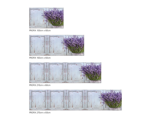 Folie decorativă pentru perete de bucătărie cu motiv de lavandă în diferite dimensiuni.