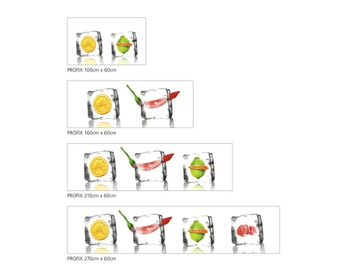 Protecție spate bucătărie Profix cu motive de fructe în cuburi de gheață de diferite dimensiuni