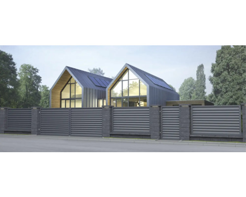 Casă modernă cu gard și poartă gri