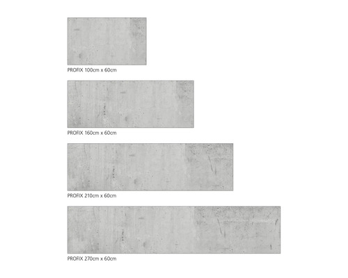 Plăci de beton aparente PROFIX în diferite dimensiuni: 100 cm x 60 cm, 160 cm x 60 cm, 210 cm x 60 cm, 270 cm x 60 cm.