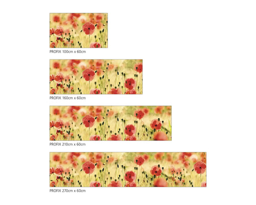Prezentare generală a diferitelor dimensiuni ale foliei adezive Profix Câmp de maci 100 cm x 60 cm, 160 cm x 60 cm, 210 cm x 60 cm, 270 cm x 60 cm