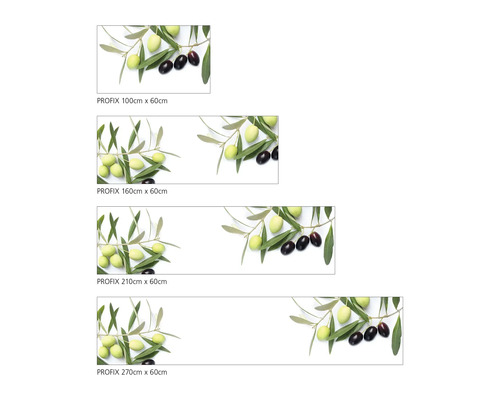 Diverse dimensiuni de protecții de perete pentru bucătărie cu motive de măsline marca Profix