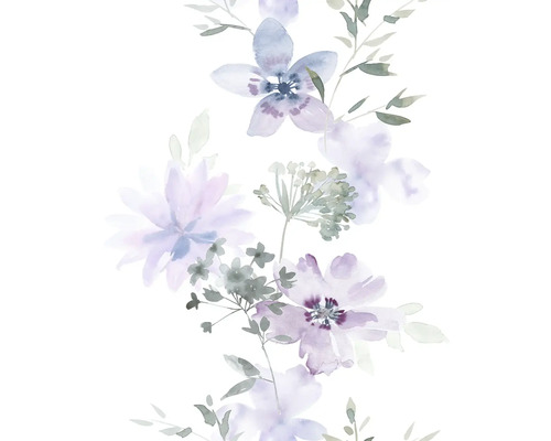 Tapet vlies Kylie model floral alb/lila 10,05x0,53 m Ilustrație acuarelă cu flori și frunze mov