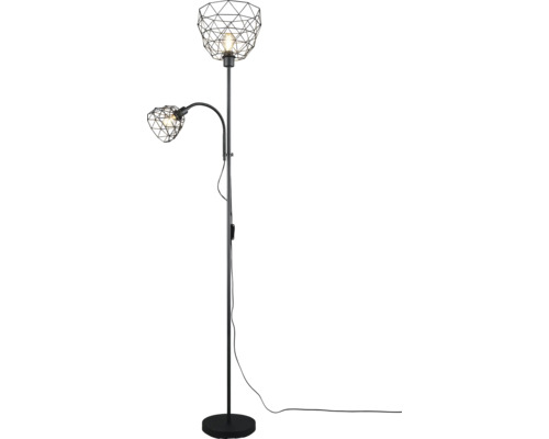 Lampă de podea neagră cu două lumini și abajur din sârmă
