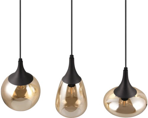 Trei lămpi suspendate cu abajururi de sticlă și suspensie neagră
