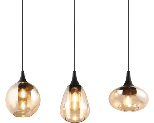 Lumină suspendată cu trei abajururi din sticlă de forme diferite
