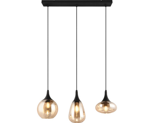 Lumină suspendată cu trei abajururi din sticlă de culoarea chihlimbarului