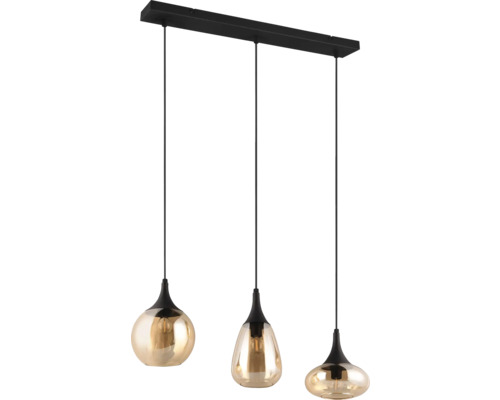 Lumină suspendată cu trei lămpi și abajururi din sticlă