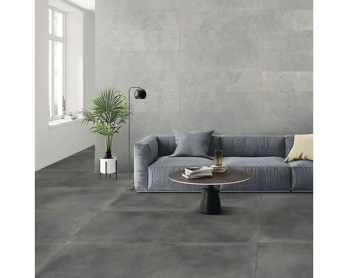 Cameră de zi cu gresie de podea și faianță cu aspect de piatră, canapea, masă și plantă de interior