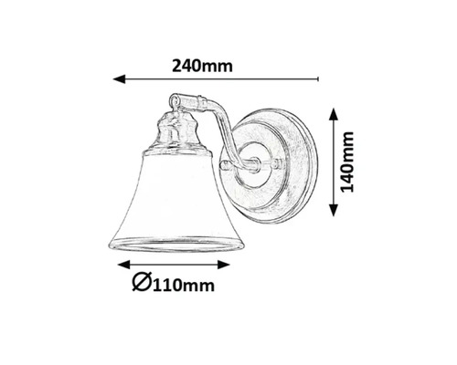 Schiță a unei lămpi de perete cu dimensiunile de 240 milimetri lățime, 140 milimetri înălțime și un diametru de 110 milimetri.