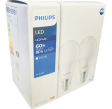 Set 2 becuri LED Philips E27 8W 806 lumeni, glob mat A60, lumină neutră