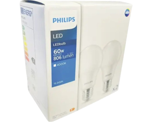Logo Philips. Pachet cu două becuri LED, 8 wați, 60 wați, 806 lumeni.