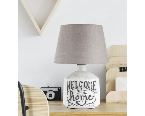 Lampă de masă decorativă cu model textil și inscripție