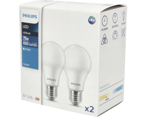Bec LED Philips, 75 wați, 1055 lumeni, 2700 kelvini, pachet de două bucăți