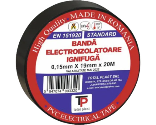 Bandă izolatoare Total Plast 19mm x 20m, negru Rolă bandă izolatoare din PVC, 0,15 mm x 19 mm x 20 m