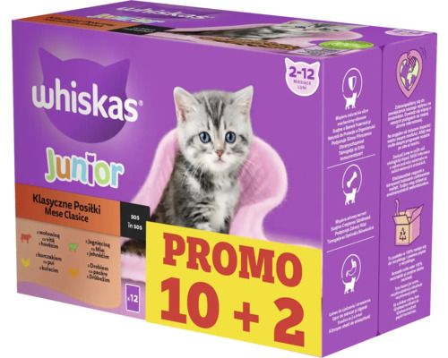 Hrană umedă pentru pisici Whiskas Junior Selecții clasice în sos de carne 10+2x85 g