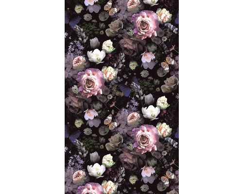 Fototapet vlies imprimat digital Jackie model floral negru/roz 159x270 cm Tapetă florală cu trandafiri, lalele și fluturi