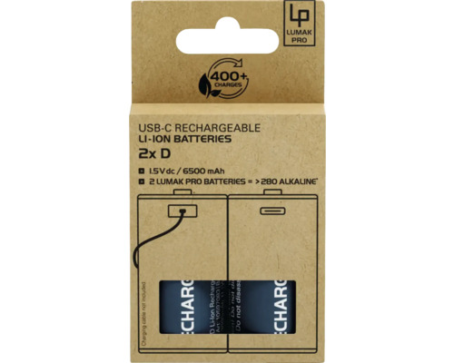 Pachet cu două baterii D litiu-ion reîncărcabile USB-C marca Lumak Pro