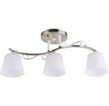 Lumină de plafon cu trei lămpi și abajururi din sticlă albă