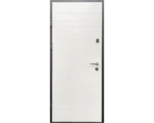 Ușă de intrare albă cu linii orizontale și feronerie de securitate