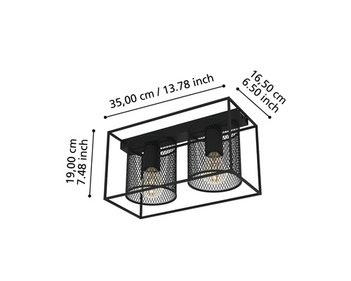 Plafonieră neagră cu două lumini și dimensiuni