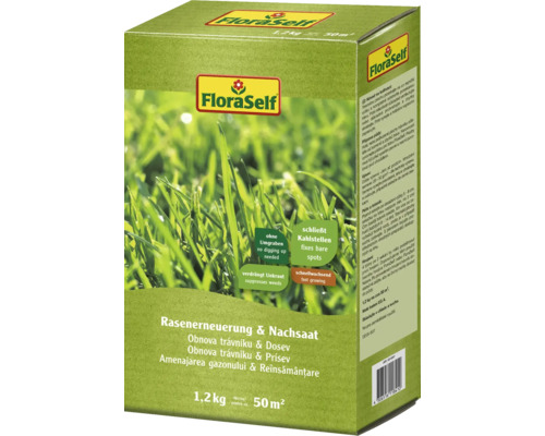 Semințe gazon reînsămânțare FloraSelf 1,2 kg 50 m² FloraSelf Reîmprospătare și reînsămânțare gazon, ambalaj pentru 50 metri pătrați