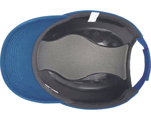 Vedere interioară a unei șepci de baseball albastre cu protecție integrată pentru cap