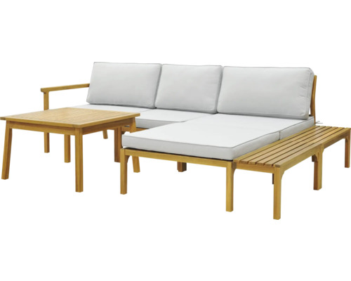 Set de mobilier de grădină cu canapea, masă și bancă din lemn cu perne deschise la culoare